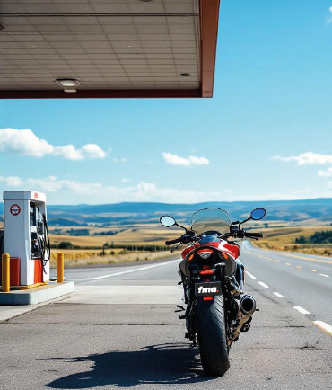 Moto arrêtée devant une pompe à essence