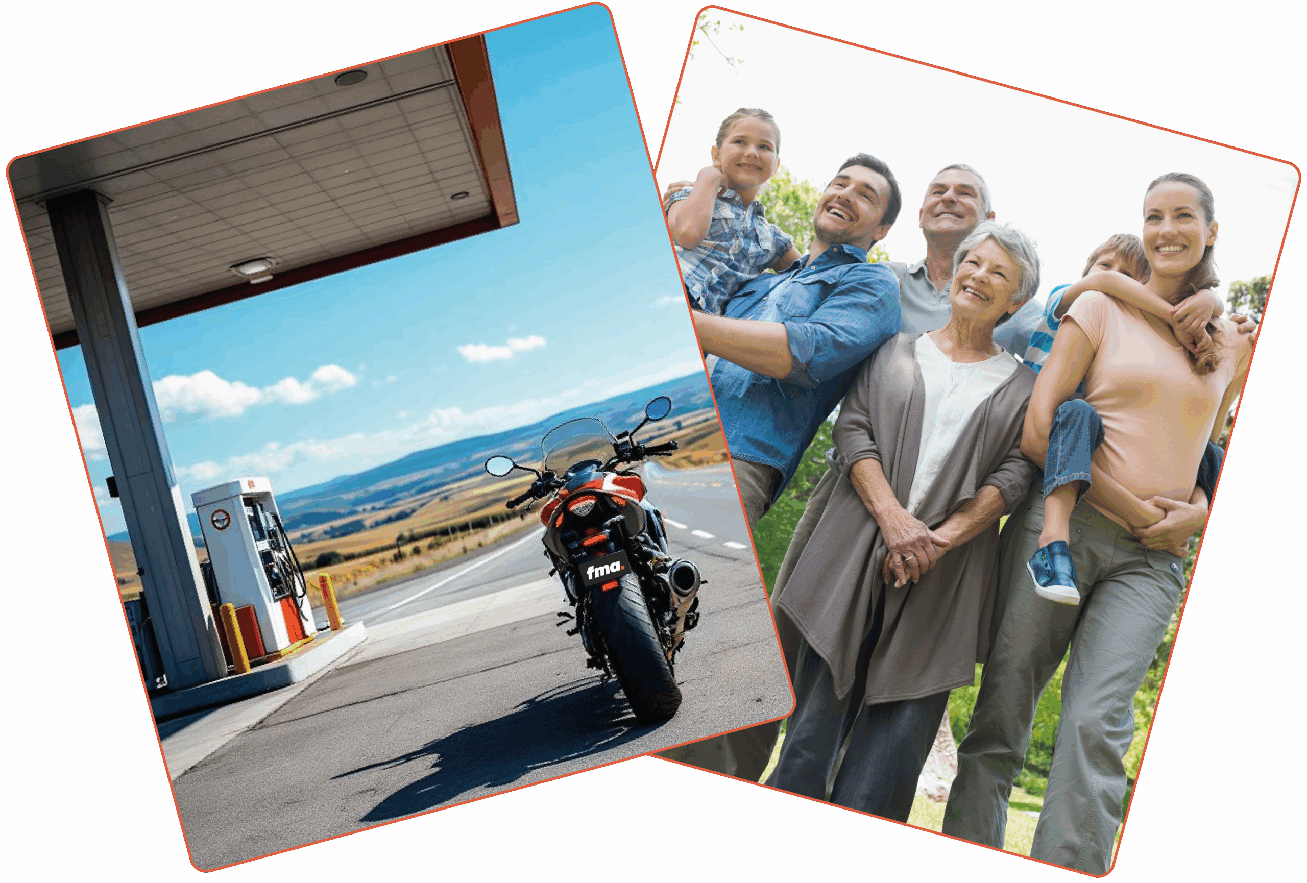 2 photos. L'une avec une moto devant une pompe à essence. L'autre celle d'une famille regardant au loin.